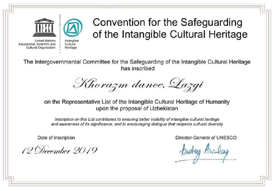 «Лазги»нинг ЮНЕСКО рўйхатига киритилгани ҳақидаги сертификат Хоразм вилояти ҳокимлигига топширилади